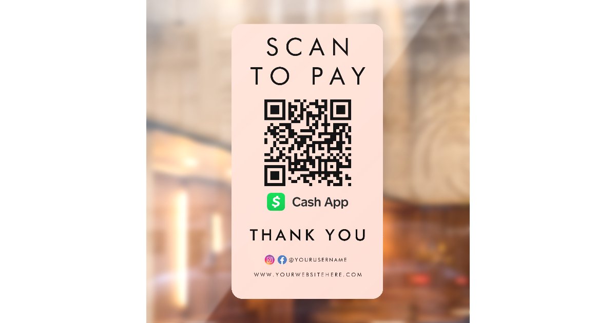 Thank you CashApp Scan to Pay QR Code Blush Pink Window Cling | Zazzle
