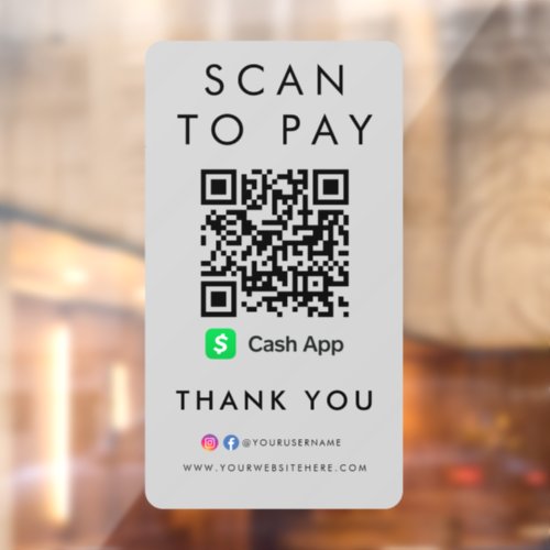 Thank you CashApp Scan to Pay QR Code Modern Grey Window Cling
