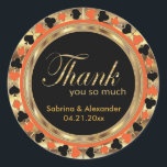Thank You Casino Poker Chip in Orange & Gold Classic Round Sticker<br><div class="desc">Stickers / Seals. Las Vegas style poker chip thank you design in a orange, black and gold ready for you to personalize. Can also be added to the back of your envelopes, treat bags, etc... Works great for a wedding, anniversary or birthday party by simply changing the text. ⭐This Product...</div>