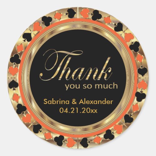 Thank You Casino Poker Chip in Orange  Gold Classic Round Sticker