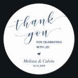 Thank you, celebrating with us, wedding rehearsal classic round sticker<br><div class="desc">Thank you for celebrating with us stickers. It is a perfect sticker to used in your wedding or other celebration,  e.g.,  Birthday party,  Anniversary celebration,  Baby shower,  wedding rehearsal,  gifts for guests,  favor stickers,  and others.
Navy Blue font.</div>