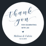 Thank you, celebrating with us, wedding rehearsal classic round sticker<br><div class="desc">Thank you for celebrating with us stickers. It is a perfect sticker to used in your wedding or other celebration,  e.g.,  Birthday party,  Anniversary celebration,  Baby shower,  wedding rehearsal,  gifts for guests,  favor stickers,  and others.
Navy Blue font.</div>