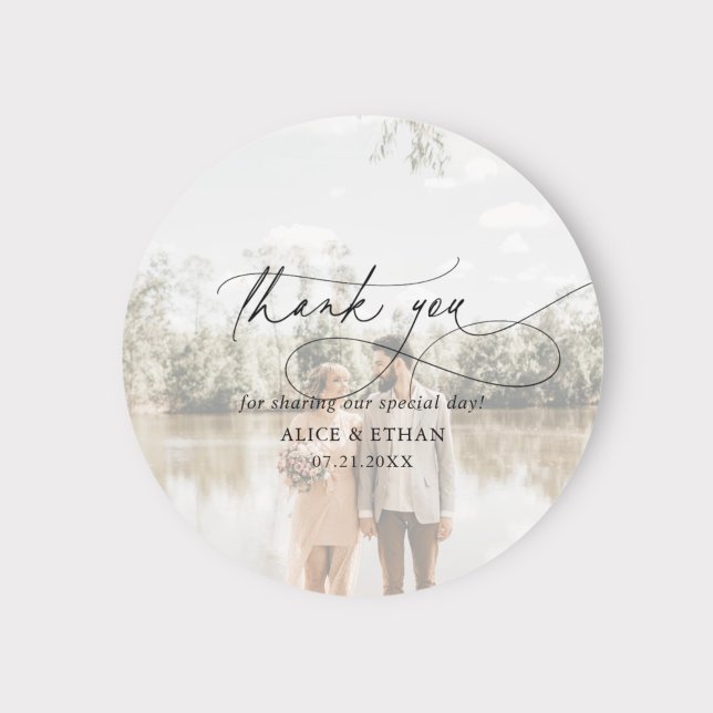 Thank You Chic Calligraphy Photo Wedding Classic Round Sticker (Creator Uploaded)