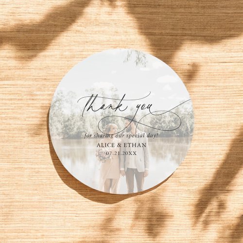 Thank You Chic Calligraphy Photo Wedding Classic Round Sticker