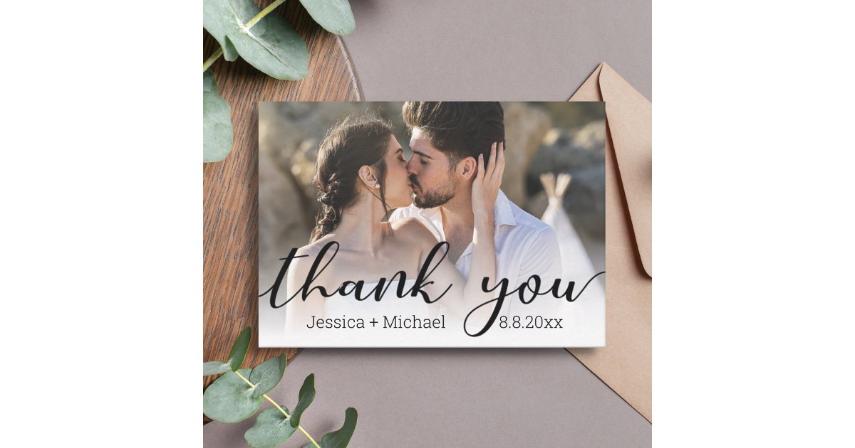thank you chic calligraphy wedding photo note card | Zazzle