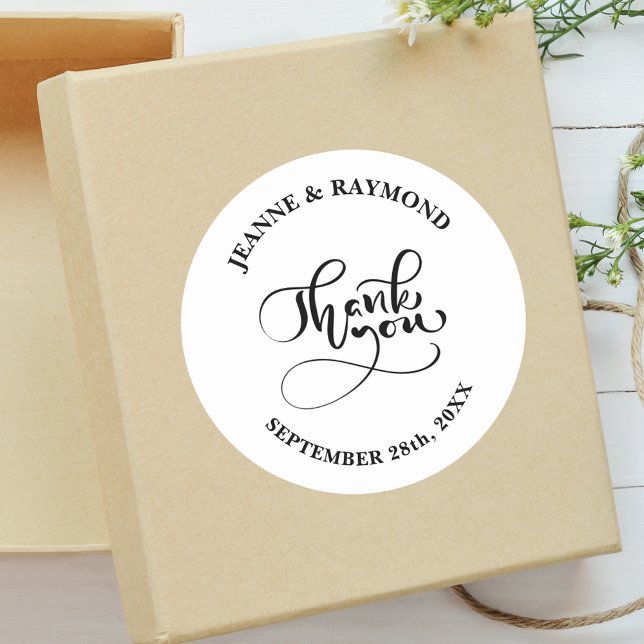 Thank You Chic Calligraphy White Wedding Favor Classic Round Sticker (Creator Uploaded)