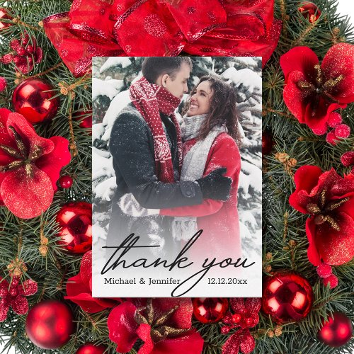 thank you chic calligraphy winter photo wedding  note card