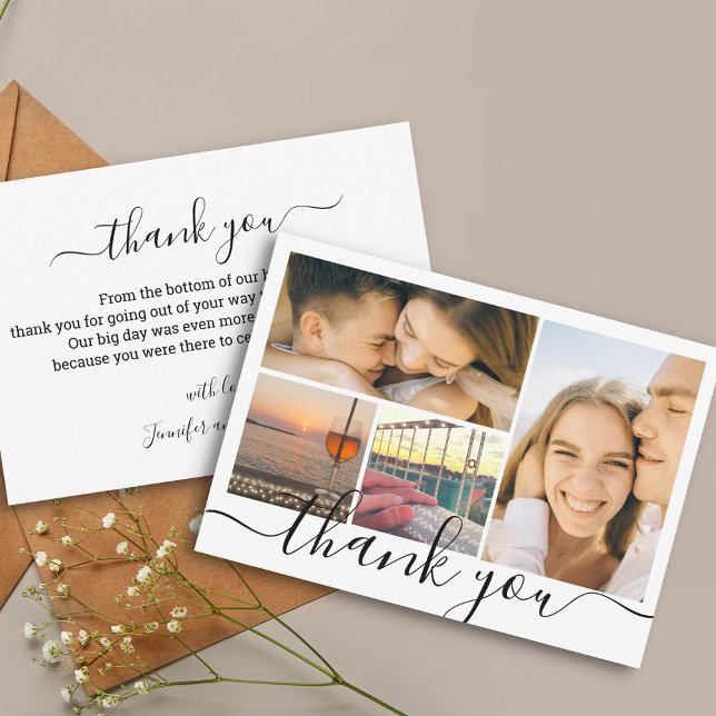 thank you chic handwriting 4 photo collage wedding note card (Creator Uploaded)