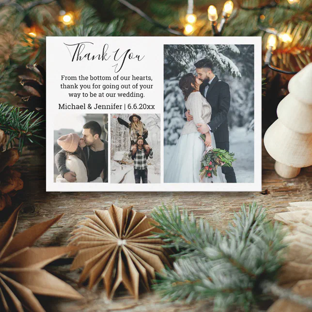 thank you chic handwriting wedding 3 photo collage note card | Zazzle