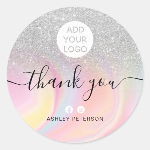 Thank you chic silver glitter marble media logo classic round sticker