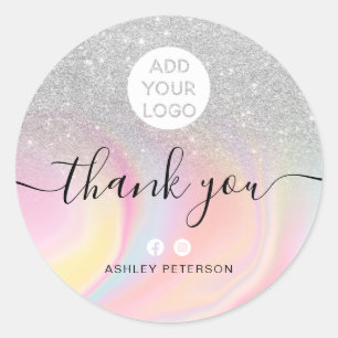 Thank you chic silver glitter marble media logo classic round sticker