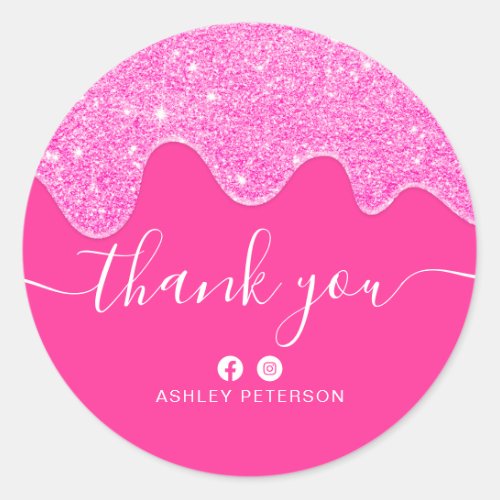 Thank you chic typography neon pink glitter drips classic round sticker