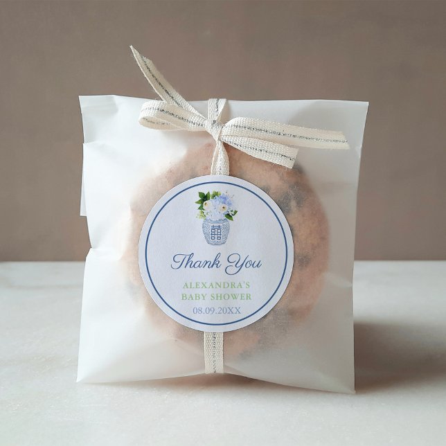 Thank You Chinoiserie Chic Blue Green Floral Favor Classic Round Sticker (Chinoiserie Chic Navy Blue Chartreuse Green Baby Shower Favor or Bridal Shower Thank you sticker)