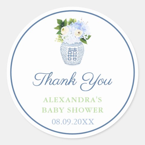 Thank You Chinoiserie Chic Blue Green Floral Favor Classic Round Sticker - Thank you stickers for any event (shown here for a Baby Shower but all of the text fields are customizable). The design features a stylish ginger jar vase filled with spring florals in shades of blue and white.