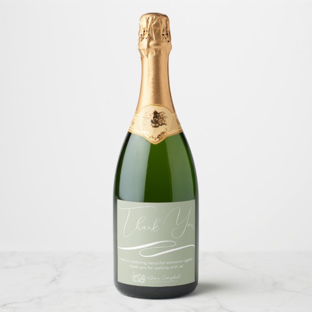 Thank You Client Gift Personalized Logo Sage Green Sparkling Wine Label (Front)
