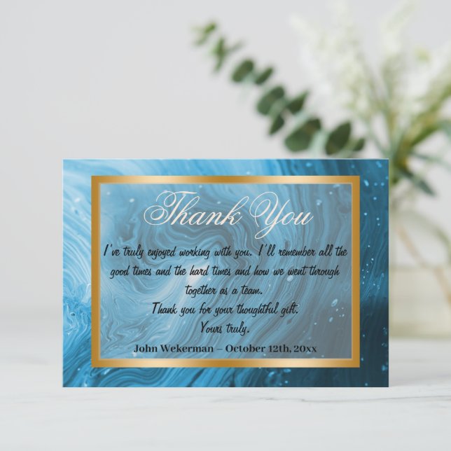 Thank You co-worker & Light Blue Marble, Gold  Note Card (Standing Front)
