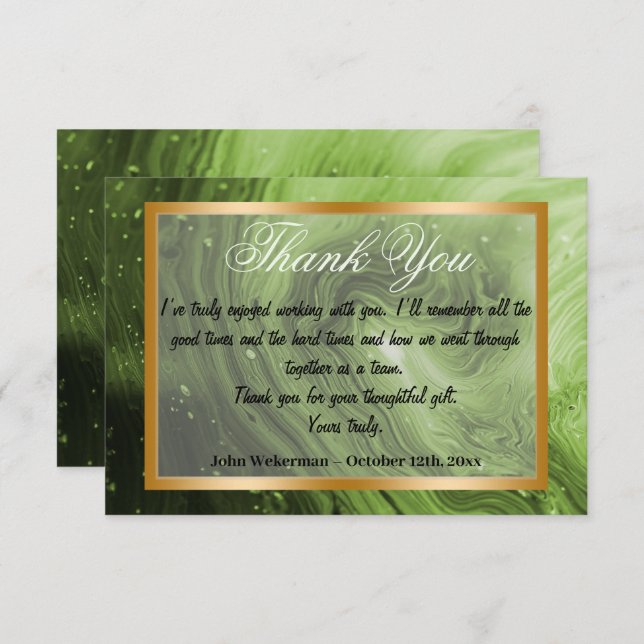 Thank You co-worker & Light Green Marble, Gold  Note Card (Front/Back)