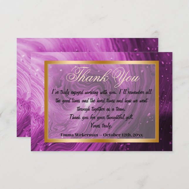 Thank You co-worker & Pink Marble, Gold frame Note Card (Front/Back)