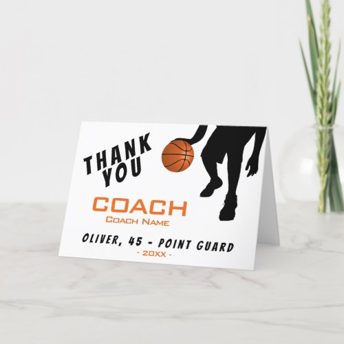 Thank you Coach Basketball Player Card - Thank you Coach Basketball Player Card. Basketball thank you coach card with a silhouette of a basketball player. Personalize the card with names and any text your want. Modern thank you card for the basketball team coach!