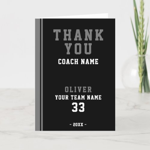 Thank you Coach Football Player Team Photo Card - Thank you Coach Football Player Team Photo Card. Add coach`s name, player name, team, number and player`s photo inside the card. The text is trendy white and grey typography on a black background with grey stripe. 