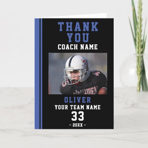 Thank you Coach Football Player Team Photo Card - Thank you Coach Football Player Team Photo Card. Add coach`s name, player name, team, number and player`s photo. The text is trendy white and blue typography on a black background with blue stripe. 