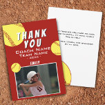 Thank you Coach Red Softball Photo Card<br><div class="desc">Thank you Coach Red Softball Photo Card. Softball thank you coach card with photo,  thank you text,  coach name,  team name,  year,  your name and softball balls. Add your photo,  names and your text on the backside.
Great thank you card for the softball team coach!</div>