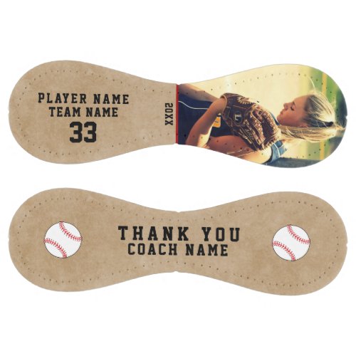 Thank you Coach Team Name Player Number Photo Softball - Rustic Thank you Coach Team Name Player Number Photo Softball. Rustic beige background. A perfect thank you gift for a softball coach. Personalize it with your photo, team name, player name, player number, the year and the coach name. 