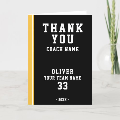 Thank you Coach Yellow Football Player Photo Card - Thank you Coach Yellow Football Player Team Photo Card. Add coach`s name, player name, team, number and player`s photo inside the card. The text is trendy white typography on a black background with yellow stripe. 