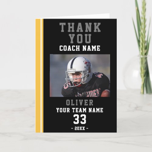 Thank you Coach Yellow Football Player Photo Card - Thank you Coach Yellow Football Player Team Photo Card. Add coach`s name, player name, team, number and player`s photo. The text is trendy white and grey typography on a black background with yellow stripe. 