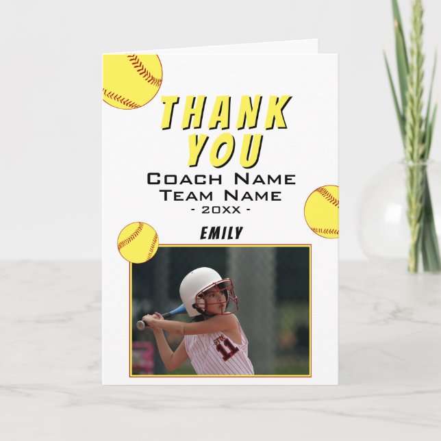 Thank you Coach Yellow Softball Photo Card (Front)