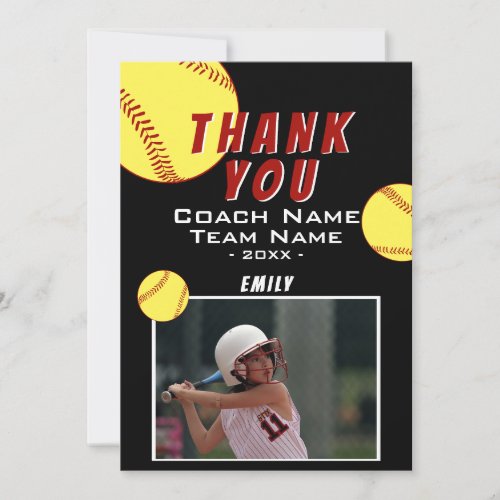 Thank you Coach Yellow Softball Photo Card - Thank you Coach Yellow Softball Photo Card. Softball thank you coach card with photo, thank you text, coach name, team name, year, your name and softball balls. Add your photo and personalize the card with names and your text on the backside.
Great thank you card for the softball team coach!