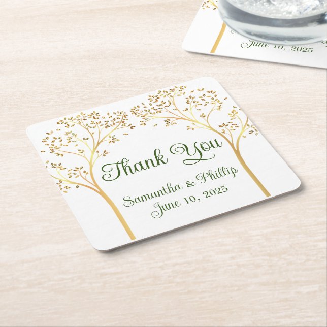 Thank you coaster wedding favor gold (Angled)
