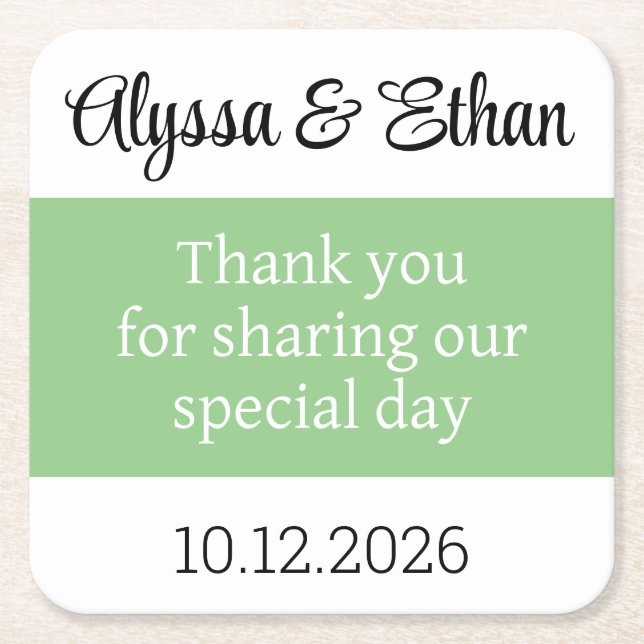 Thank you coaster wedding favor green minimalist (Front)
