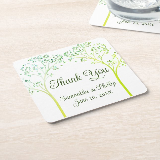 Thank you coaster wedding favor green tree (Angled)
