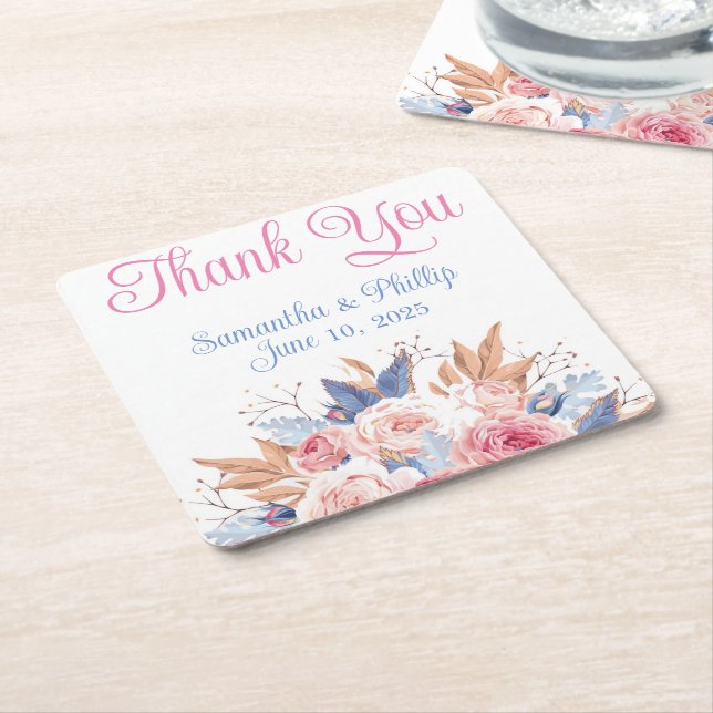Thank you coaster wedding favor pink blue (Angled)