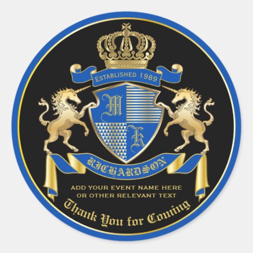 Thank You Coat of Arms Blue Gold Unicorn Emblem Classic Round Sticker