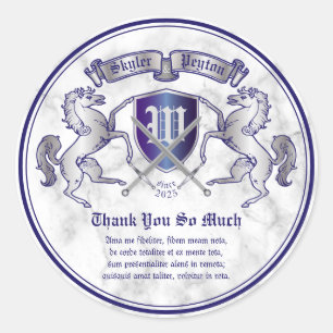 Thank You Coat of Arms Monogram Silver Horse Emble Classic Round Sticker