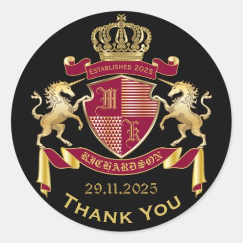 Thank You Coat of Arms Red Gold Unicorn Emblem Classic Round Sticker