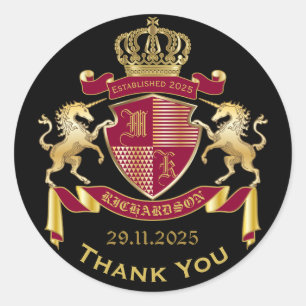 Thank You Coat of Arms Red Gold Unicorn Emblem Classic Round Sticker