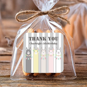 Thank You Colorful Llamas Kids Birthday Favor Square Sticker