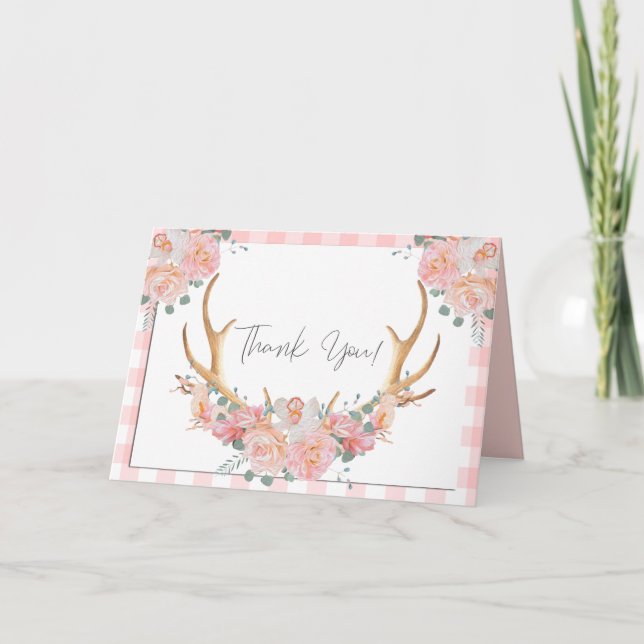 Thank You | Coral Gingham BOHO Floral Antlers Card (Front)
