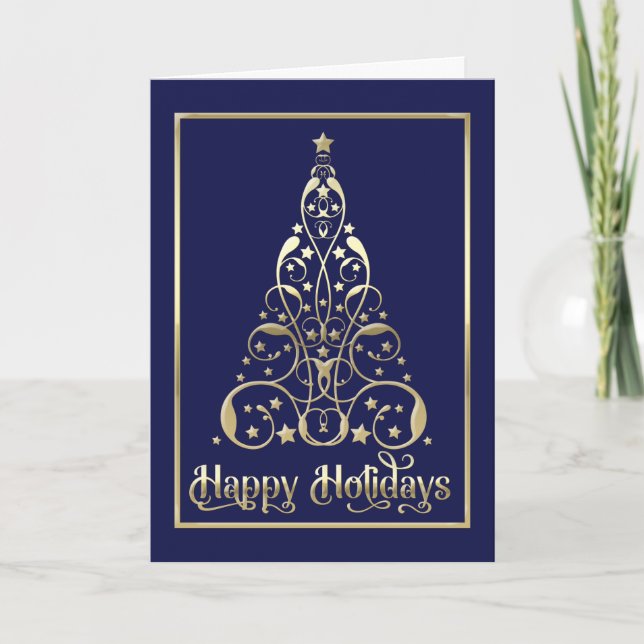 Thank You Corporate Christmas Tree Blue Holiday Card (Front)