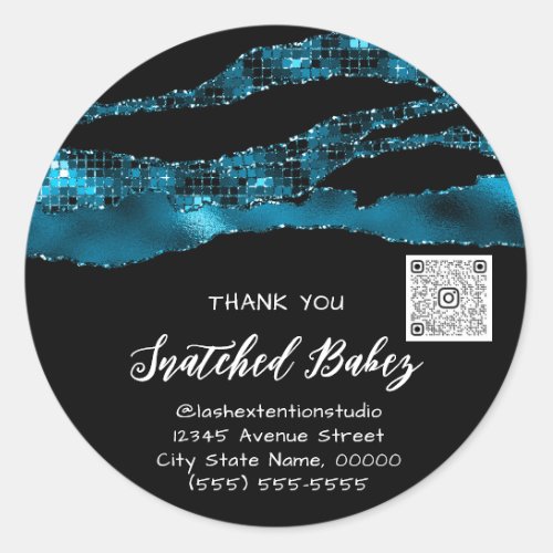 Thank You Cosmetic Logo QR Code Glitter Black Teal Classic Round Sticker