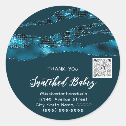 Thank You Cosmetic Logo QR Code Glitter Blue Teal Classic Round Sticker