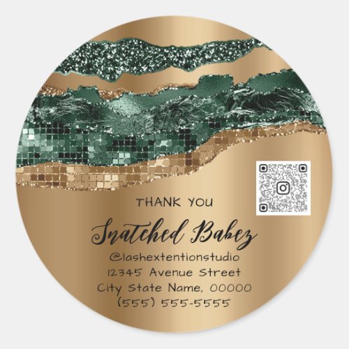 Thank You Cosmetic Logo QR Code Glitter Gold Green Classic Round Sticker