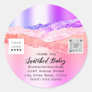 Thank You Cosmetic Logo QR Code Pink Glitter Classic Round Sticker