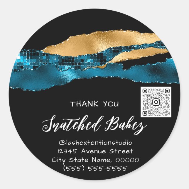 Thank You Cosmetic Logo QR Code Wedding Teal Gold Classic Round Sticker (Front)