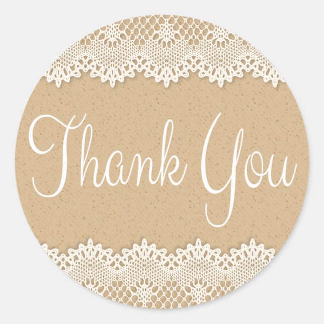 Thank You Country Lace Brown And White Rustic Classic Round Sticker (Front)