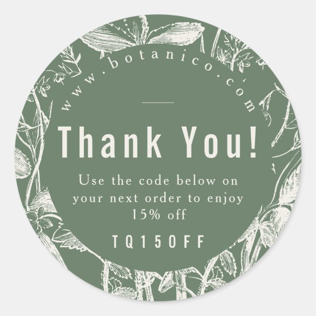 Thank You Coupon Code Botanical Dark Sage Product  Classic Round Sticker (Front)
