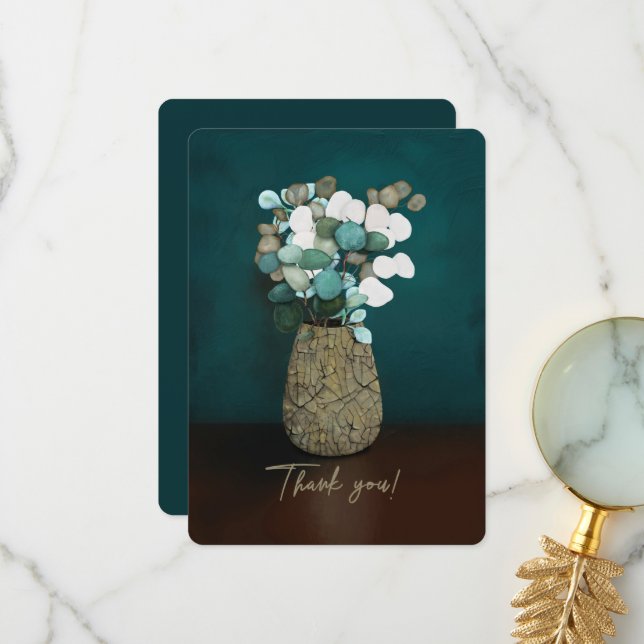 Thank You! Crackled Vase Silver Dollar Flowers Thank You Card (Front/Back In Situ)
